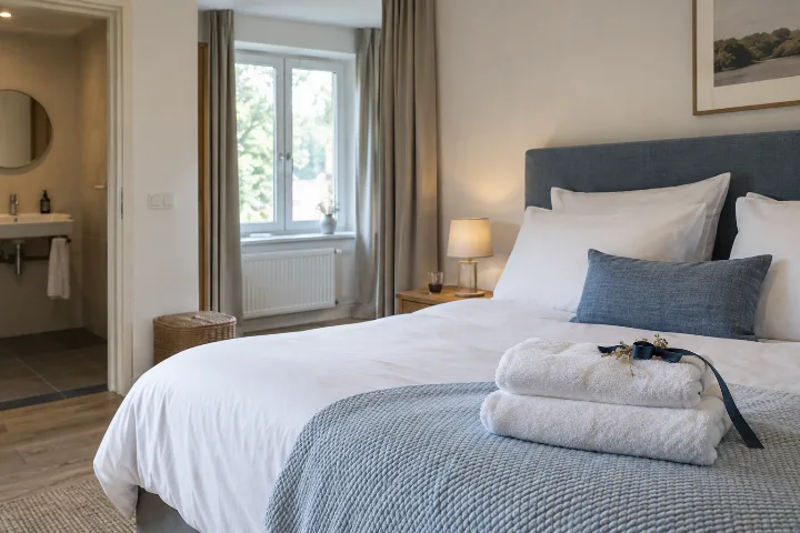 Sfeerbeeld: Opgemaakt bed in een licht vakantieverblijf
